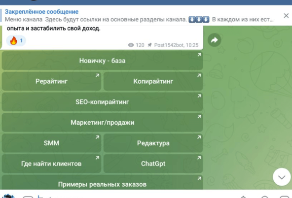 Меню закрытого канала Кибер Копирайтера